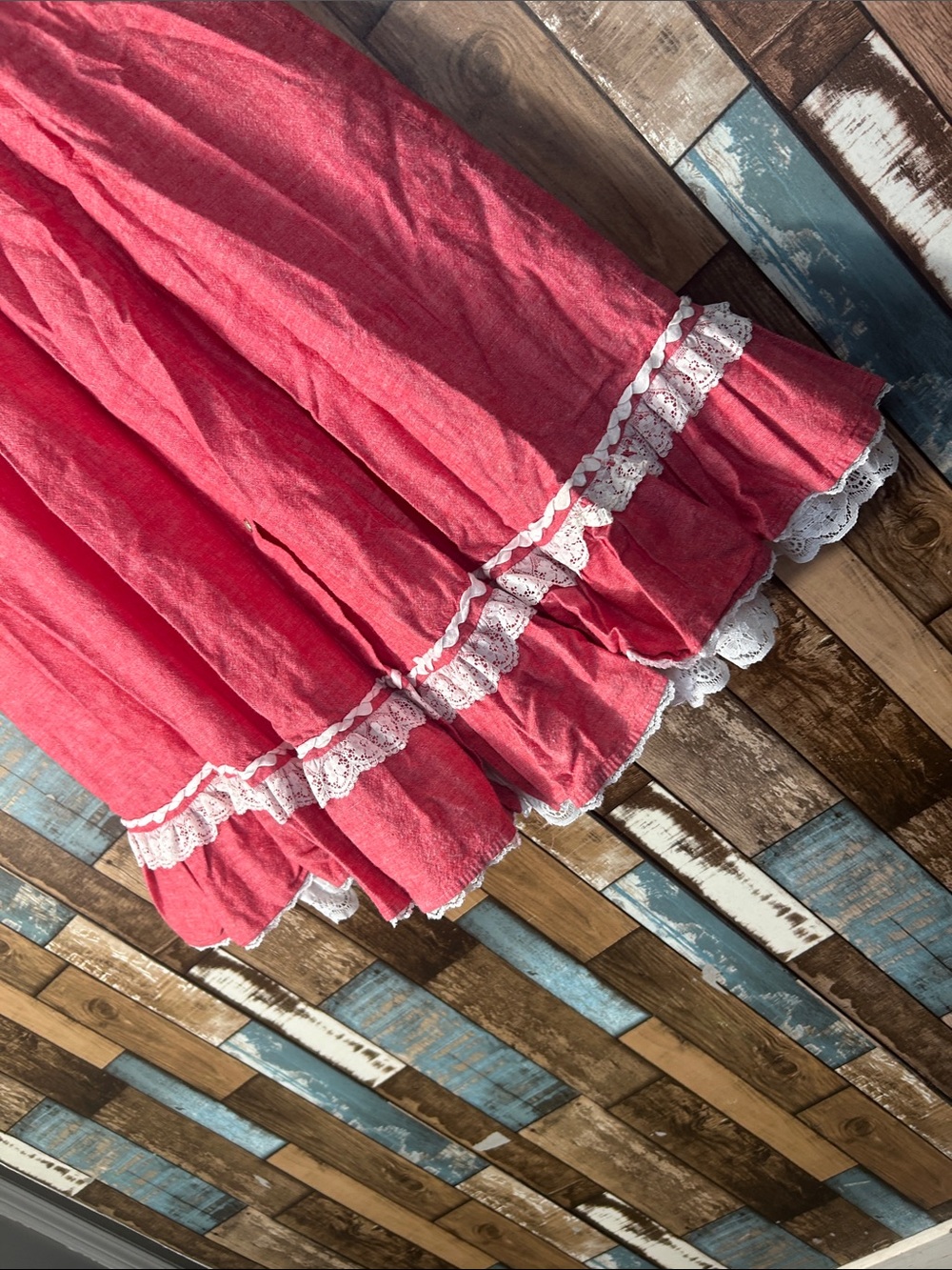 Brand Red Ruffled A-Line Midi Skirt with Lace Trim western - Picture 7 of 16